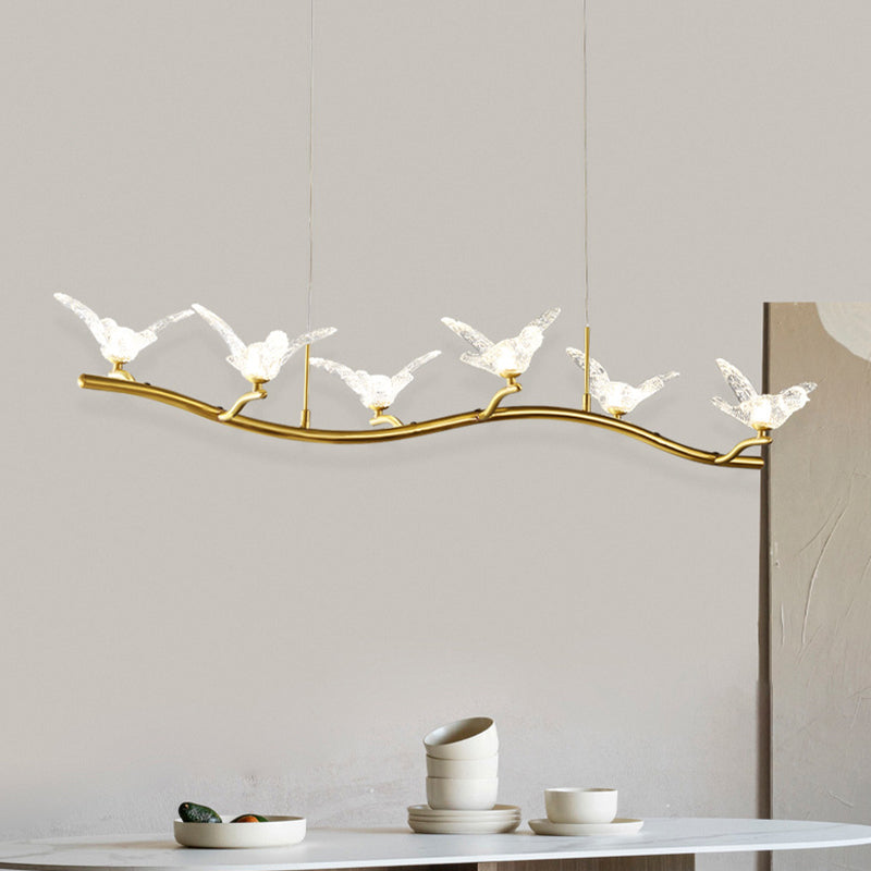 Twig Pendant Lamp with Bird Decor – Gold Finish & LED Acrylic Island Light