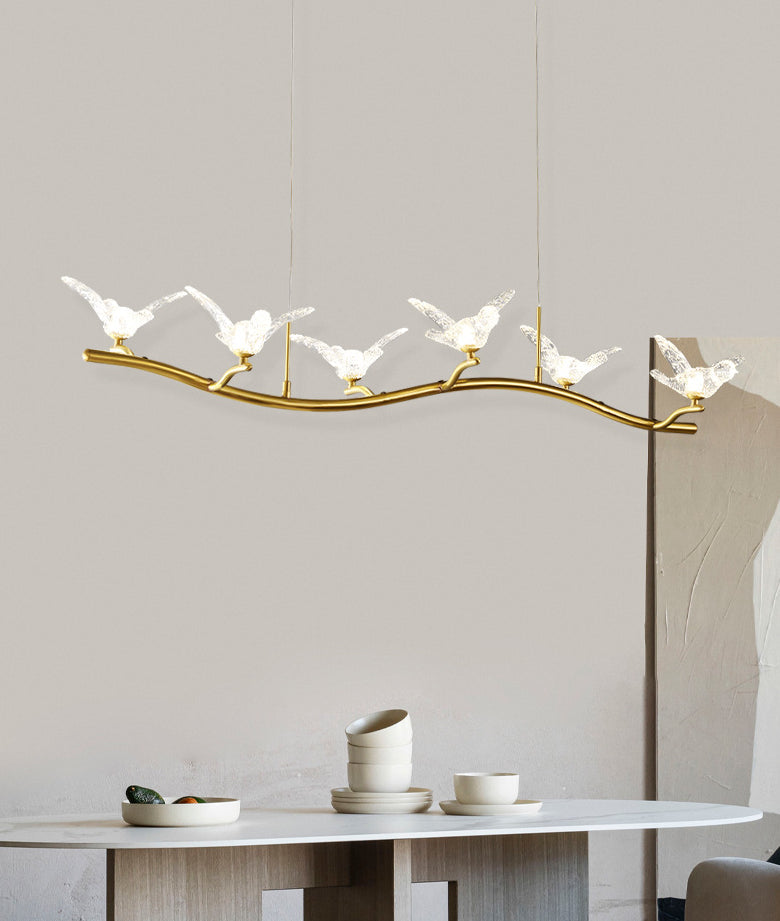 Twig Pendant Lamp with Bird Decor – Gold Finish & LED Acrylic Island Light