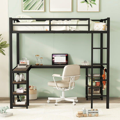 Full Metal Loft Bed With Desk And Shelves, Loft Bed With Ladder And Guardrails, Loft Bed Frame For B