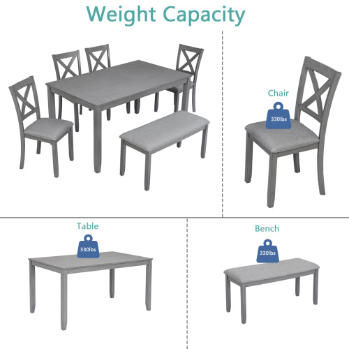 Juego de Comedor de Cocina de 6 Piezas, Mesa de Comedor Rectangular de Madera con 4 Sillas Tapizadas y un Banco, Juego de Mesa de Comedor para 6 Personas, Sala de Estar, Bar en Casa y Cocina, Gris