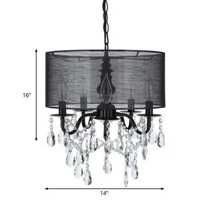 Lámpara de araña colgante redonda clásica de tela negra de 5 luces con detalles de cristal