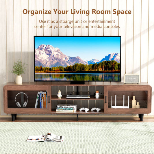 Mid Century Modern TV Stand For 55,60,65,70 Inch TV, Wood Entertainment Center With Power Outlets, Media Console With Sliding Doors And Open Shelf For Living Room, Walnut