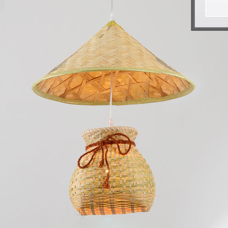 Traditional Bamboo Cone Pendant - 1 Head Wooden Suspended Ceiling Light with Basket