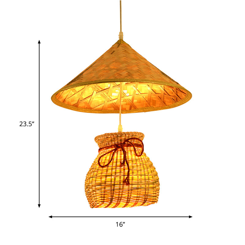 Traditional Bamboo Cone Pendant - 1 Head Wooden Suspended Ceiling Light with Basket