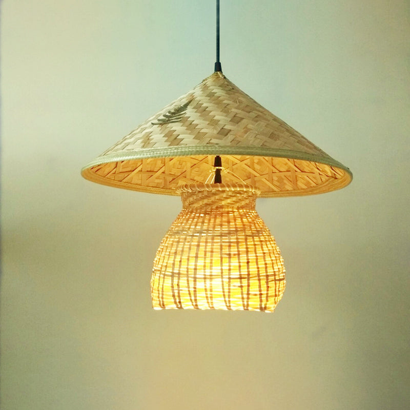 Traditional Bamboo Cone Pendant - 1 Head Wooden Suspended Ceiling Light with Basket