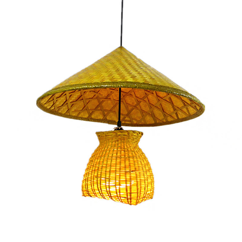 Traditional Bamboo Cone Pendant - 1 Head Wooden Suspended Ceiling Light with Basket