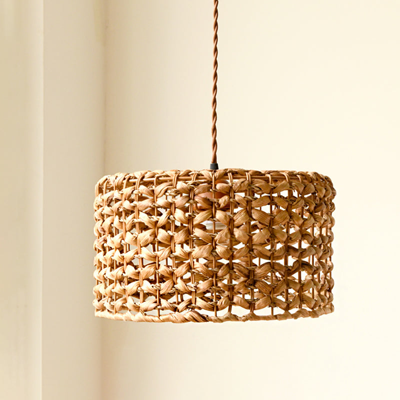 Traditional Brown Rattan Drum Pendant Light | Single Bulb Hanging Lamp for Dining Room