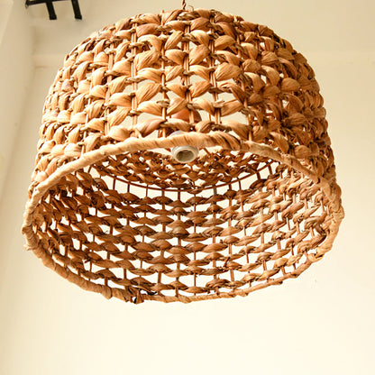 Traditional Brown Rattan Drum Pendant Light | Single Bulb Hanging Lamp for Dining Room