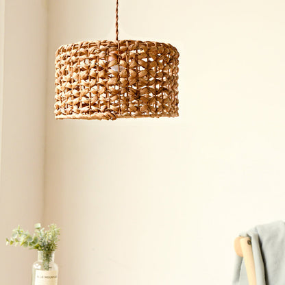 Traditional Brown Rattan Drum Pendant Light | Single Bulb Hanging Lamp for Dining Room