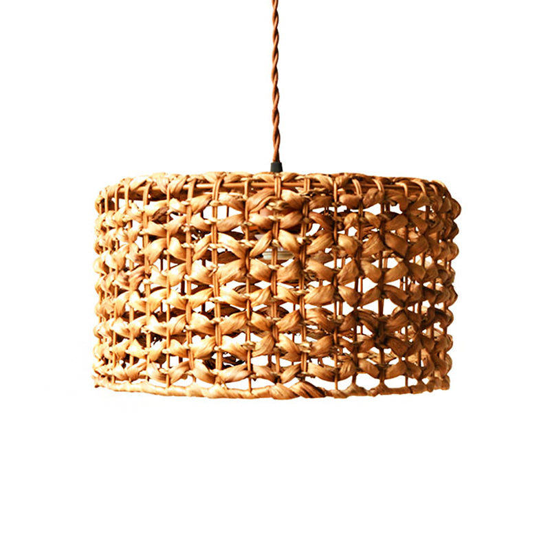 Traditional Brown Rattan Drum Pendant Light | Single Bulb Hanging Lamp for Dining Room