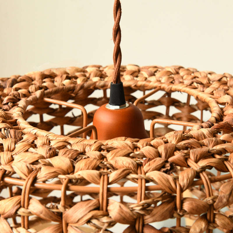 Traditional Brown Rattan Drum Pendant Light | Single Bulb Hanging Lamp for Dining Room