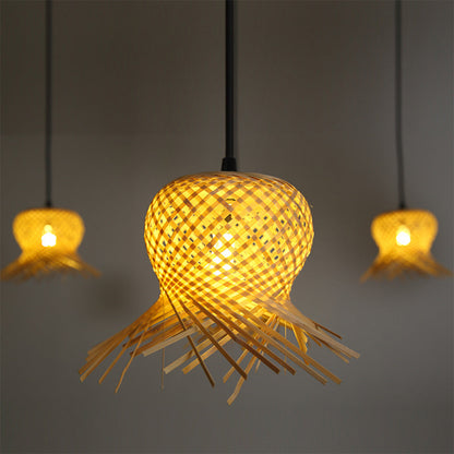 Traditional 6-Bulb Wood Woven Pendant Light with Bamboo Shade