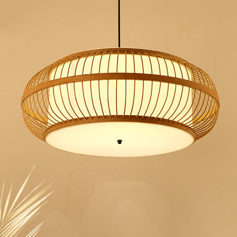 Contemporary Bamboo Pendant Light Kit - Rounded Drum Suspension, 1 Bulb - Wood Hanging Light, 18"/21.5"/23.5" Wide