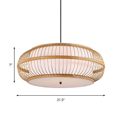 Contemporary Bamboo Pendant Light Kit - Rounded Drum Suspension, 1 Bulb - Wood Hanging Light, 18"/21.5"/23.5" Wide