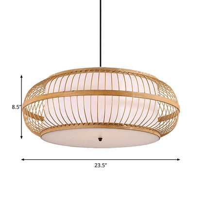 Contemporary Bamboo Pendant Light Kit - Rounded Drum Suspension, 1 Bulb - Wood Hanging Light, 18"/21.5"/23.5" Wide