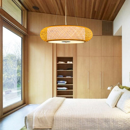 Retro Bamboo Donut Ceiling Lamp - 12"/16"/19.5" Wide - Wood Hanging Light Fixture with 3 Bulbs