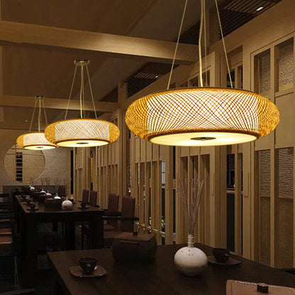 Retro Bamboo Donut Ceiling Lamp - 12"/16"/19.5" Wide - Wood Hanging Light Fixture with 3 Bulbs