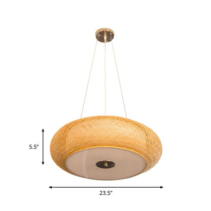 Retro Bamboo Donut Ceiling Lamp - 12"/16"/19.5" Wide - Wood Hanging Light Fixture with 3 Bulbs