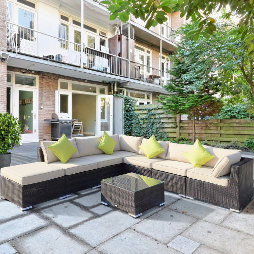 Outsunny Conjunto de Sofá de Esquina de Ratán PE de 8 Piezas con Cojines Gruesos, Conjunto de Muebles de Jardín de Ratán Exterior de Aluminio con Mesa de Tapa de Vidrio, Sin Ensamblaje Requerido, Marrón Mixto