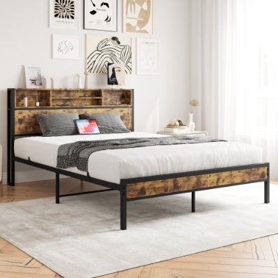 Full Size Bed Frame With Storage Headboard, Metal Platform Bed With Charging Station, Bookcase Storage, No Box Spring Needed, Easy Assembly, Noise-Free, Black