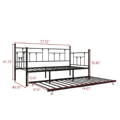Estructura de Metal para Daybed de Tamaño Twin con Conjunto de Trundle, Sofá Cama de Día Twin, Daybed y Sofá Cama con Ruedas para Habitación de Invitados, Dormitorio, Sala de Estar, Estilo Victoriano, Negro