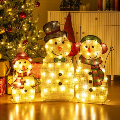 Decoración Familiar de Muñecos de Nieve Iluminados de 3 Piezas - 95 LEDs Blanco Cálido, Metal + Tela, Tamaños 30,5"/25,5"/20,5" (Multicolor)