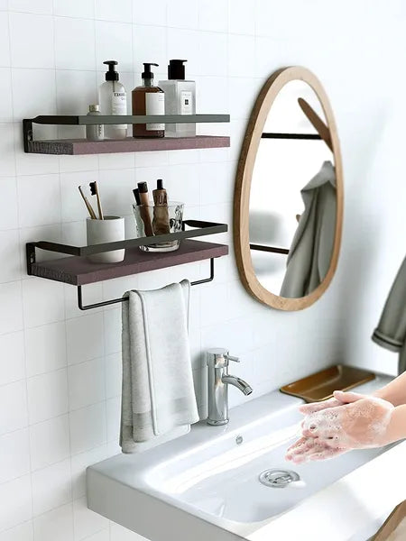 Estantería Flotante para Baño con Barra para Toallas; Conjunto de 2 Estanterías de Pared para Baño, Sala de Estar, Cocina, Dormitorio; Marrón Claro; Marrón Oscuro; Negro.