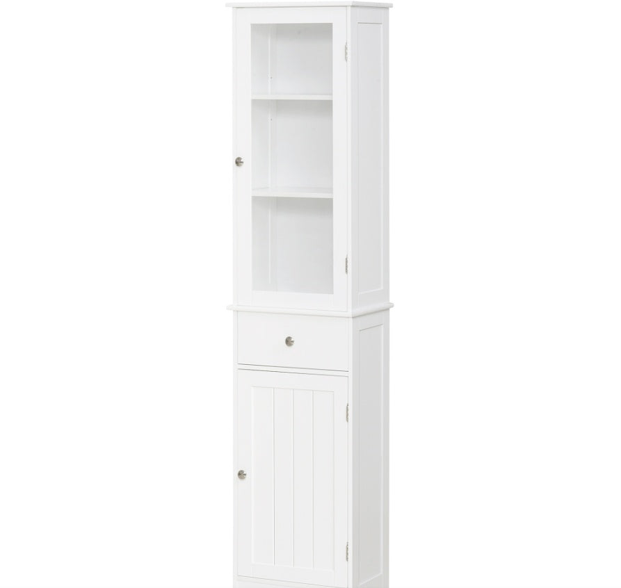 Kleankin Slim Bathroom Storage Cabinet Tall Narrow Linen Tower With Acrylic Door Drawer And Shelves White