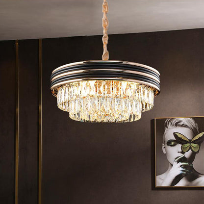 Lámpara de araña moderna redonda de cristal de 3 niveles - Negra, 9/11 cabezales, 45,7/54,6 cm de ancho