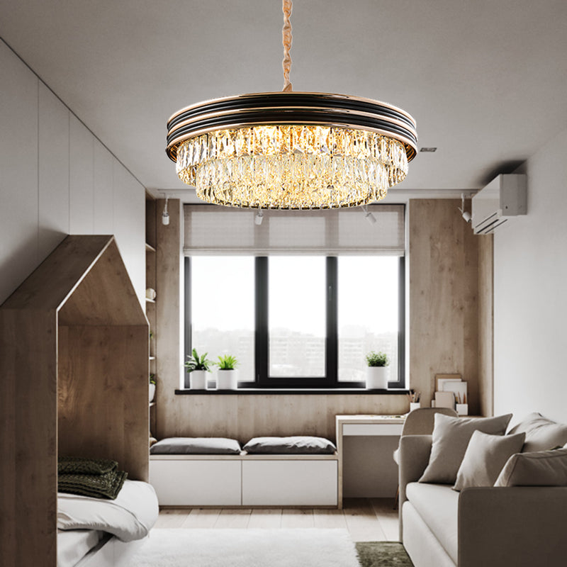 Lámpara de araña moderna redonda de cristal de 3 niveles - Negra, 9/11 cabezales, 45,7/54,6 cm de ancho