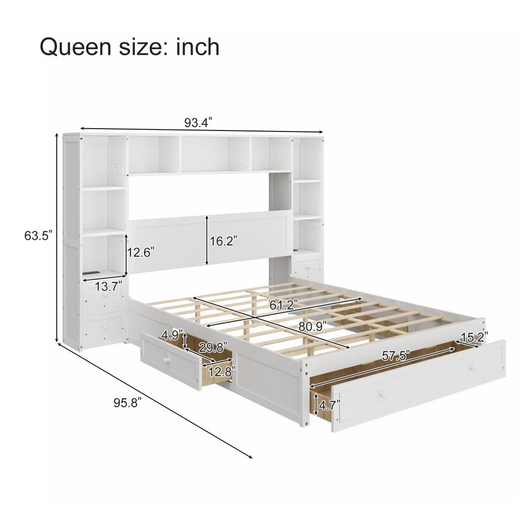 Königliche Größe Kiefernholz-Platform-Bett mit All-in-One 2 Nachttischen, Stauraum-Regal und Schrank-Bücherregal mit 2 Ladeeinrichtungen, Multifunktionales Kapitäns-Bettgestell mit 3 Schubladen, Kein Boxspring-Fundament erforderlich