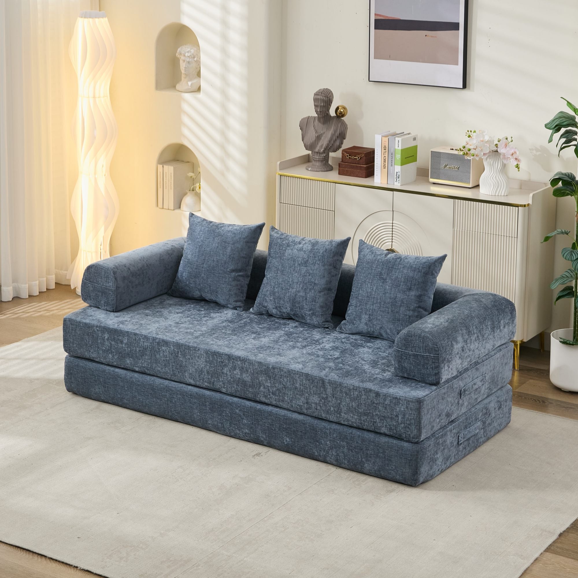 Cómodo Sofá Cama Plegable Convertible, Sofá Cama de Suelo, Sofá de Suelo de Chenille con Reposabrazos, Sofá Lounge de Suelo para Sala de Estar, Dormitorio, Sala de Estar o Estudio-Azul