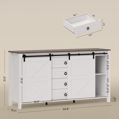 60 Buffet Cabinet, Farmhouse Sideboard With Sliding Barn Doors, Drawers And Adjustable Shelves, Distressed Cream White