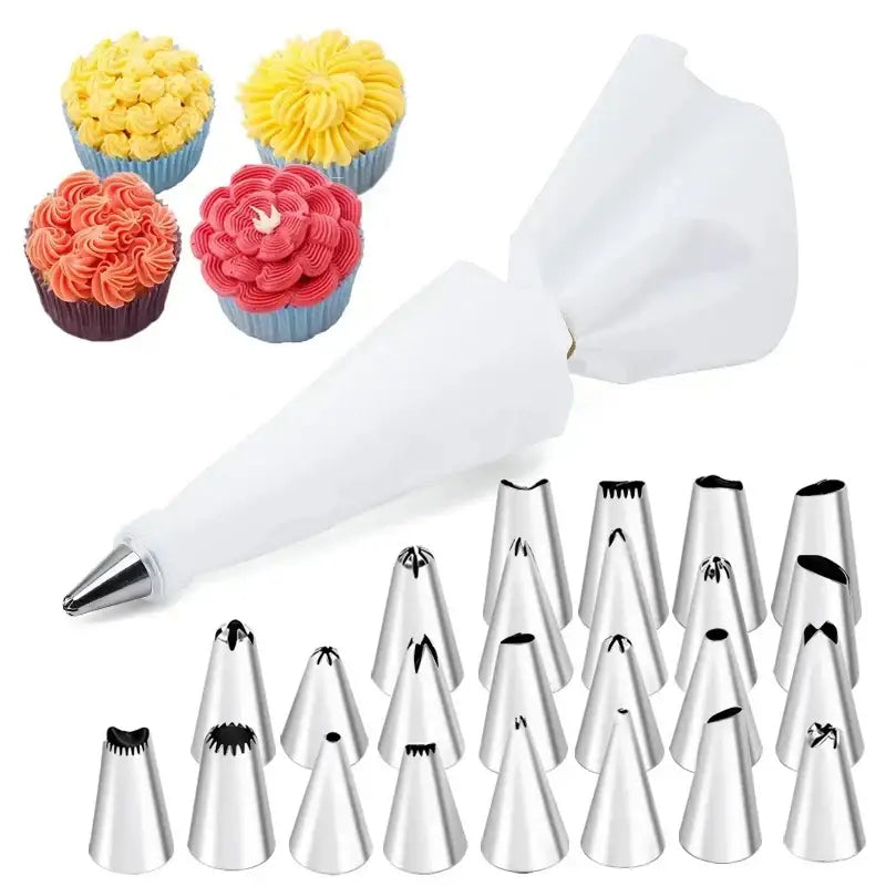 Set of 29-piece stainless steel cream puff nozzles with white piping bag for detailed cake decorating designs