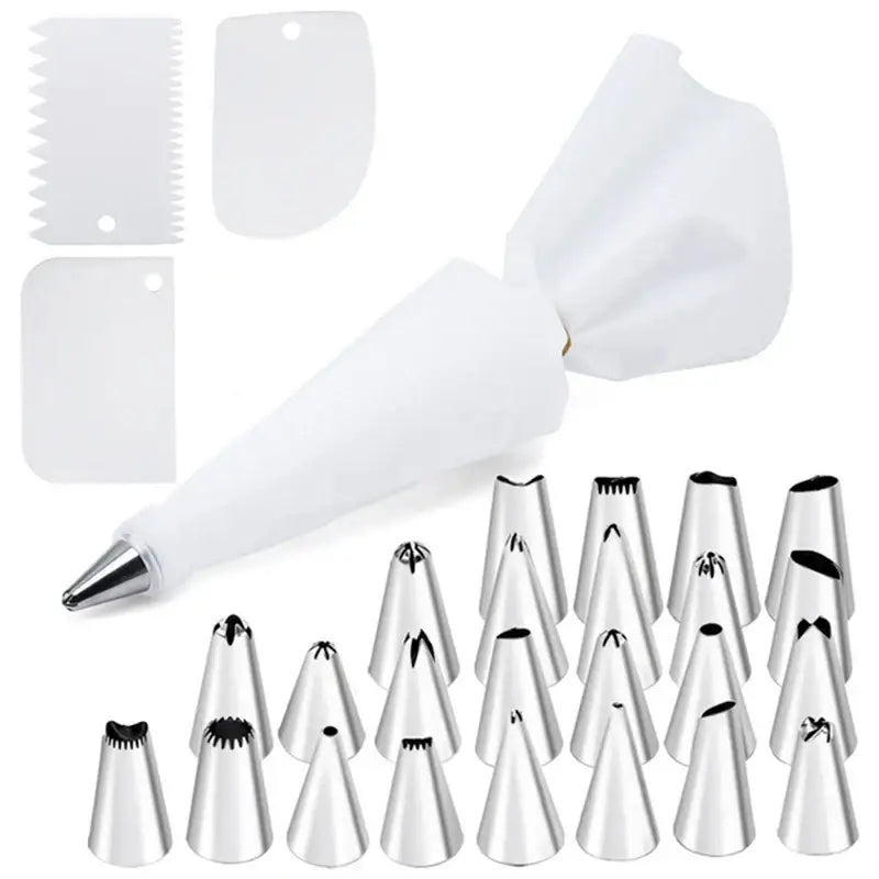 White silicone pastry bag with metallic silver stainless steel cream puff nozzles and three plastic spatulas puff nozzles set
