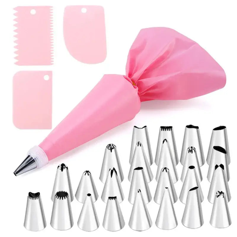 Pink silicone pastry bag with 29-piece stainless steel cream puff nozzles set neatly arranged for kitchen piping tools