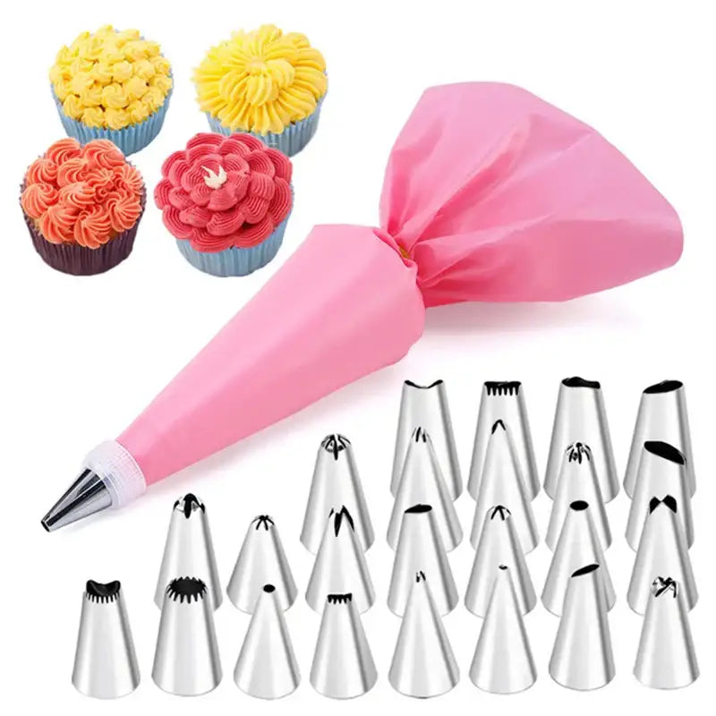 Pink silicone pastry bag with 29-piece stainless steel cream puff nozzles set for kitchen piping tools