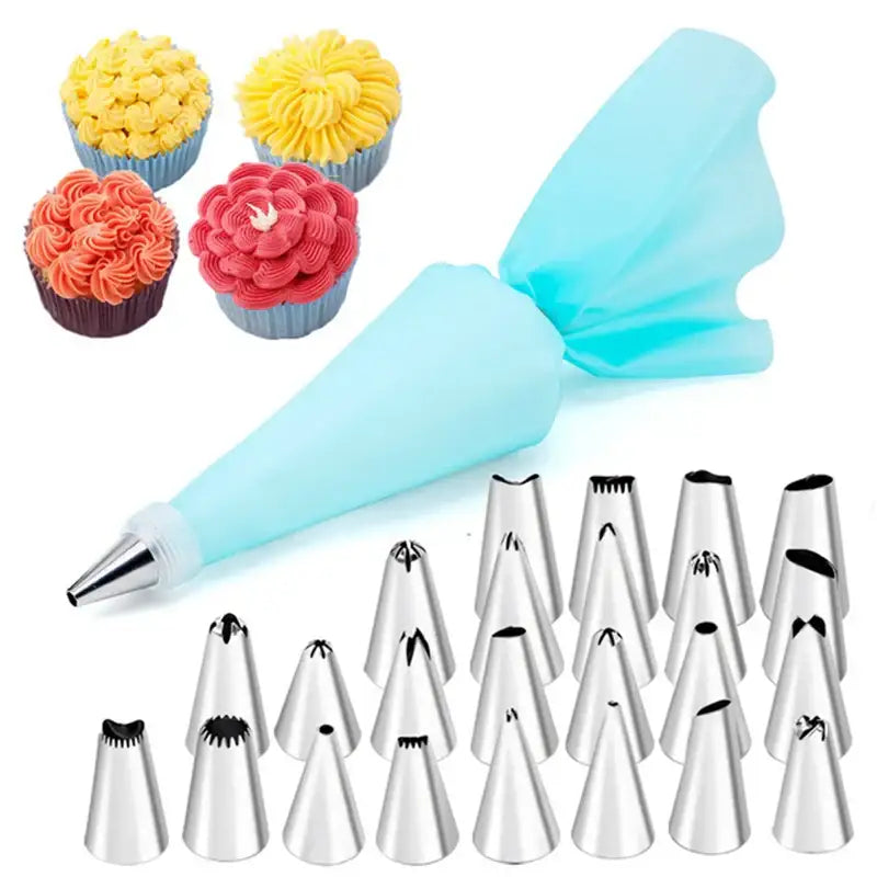 Light blue silicone pastry bag with 29-piece stainless steel cream puff nozzles set for kitchen piping tools