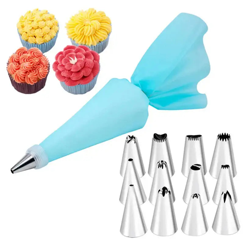 Light blue silicone pastry bag with 29-piece stainless steel cream puff nozzles set for kitchen piping tools