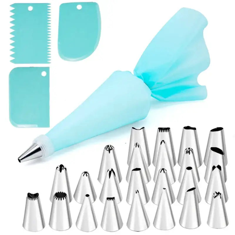 Light blue silicone pastry bag with metallic stainless steel cream puff nozzles and turquoise plastic spatulas puff nozzles set