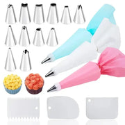 Set of 29-piece stainless steel cream puff nozzles and colorful silicone pastry bags for cake decorating