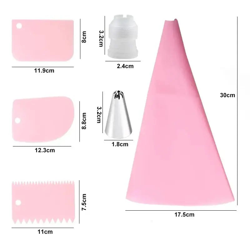Pink silicone pastry bag with measurement markings included in 29-piece stainless steel cream puff nozzles set kitchen piping tools