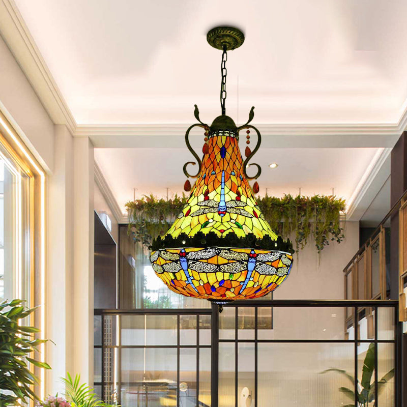 Lámpara de araña de vitral con forma de libélula - 6/8 luces, acabado en latón antiguo