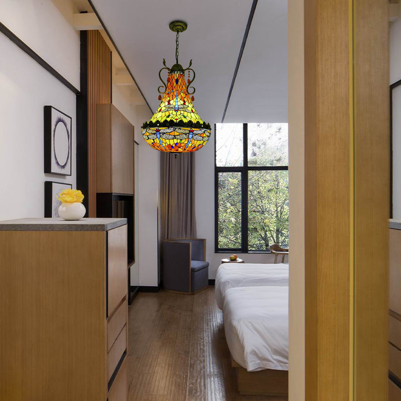 Lámpara de araña de vitral con forma de libélula - 6/8 luces, acabado en latón antiguo