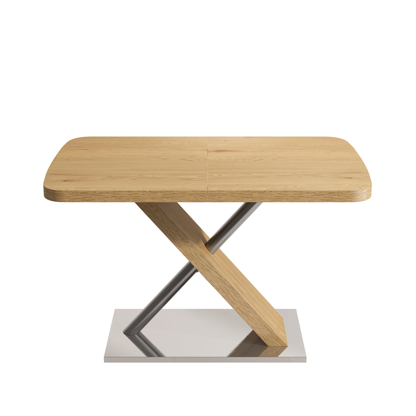 47.25 -63 Dining Table, Original Wood Color, Seating 4-6 People, Retractable Table, Cross Metal Base And Stainless Steel Tubing Natural