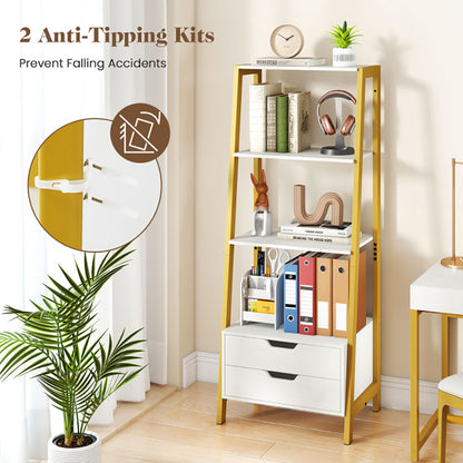 4-Tier Ladder Shelf With 2 Drawers 52.5 Inch Tall Freestanding Bookcase