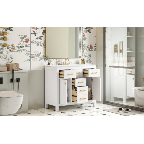 36'' Badezimmer-Waschständer mit Keramik-Waschbecken-Kombinationsset, moderner freistehender einzelner Badezimmerschrank mit 4 Schubladen & 2 Schränken, Stauraumschrank für das Badezimmer, Waschständer-Set mit massivem Holzrahmen, weiß