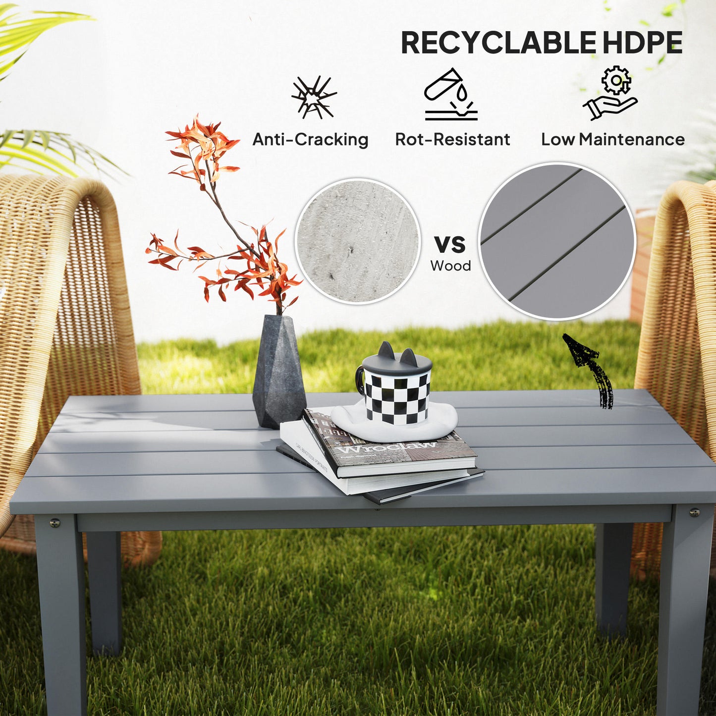 Rectangle Outdoor Coffee Table, HDPE All-Weather Outdoor Patio Table With Slatted Tabletop For Yard, Balcony, Gray