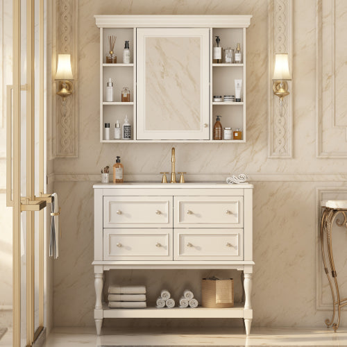 Lavabo de baño de 36'' con armario de medicamentos, armario de espejo moderno con estante ajustable, armario de almacenamiento de baño con 4 cajones, armario de almacenamiento de baño con marco de madera maciza