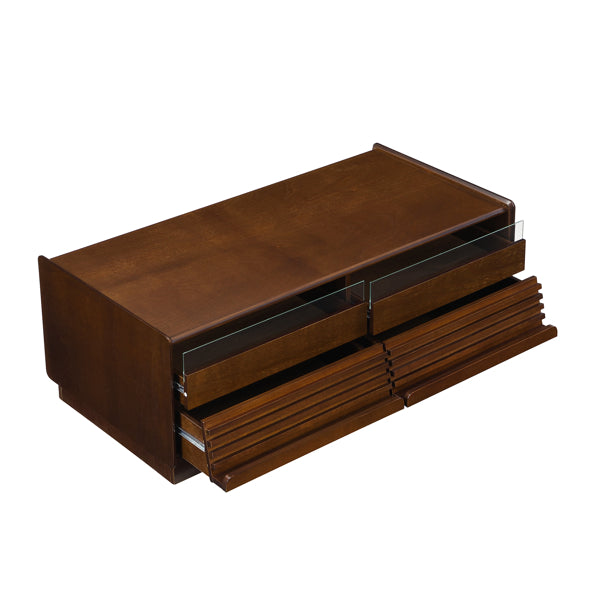 Mesa de Centro Rectangular Moderna U-Can con 4 Cajones y 2 Estanterías de Exhibición, Mesa de Centro de Madera con Estilo Acanalado, Vidrio Templado para la Sala de Estar